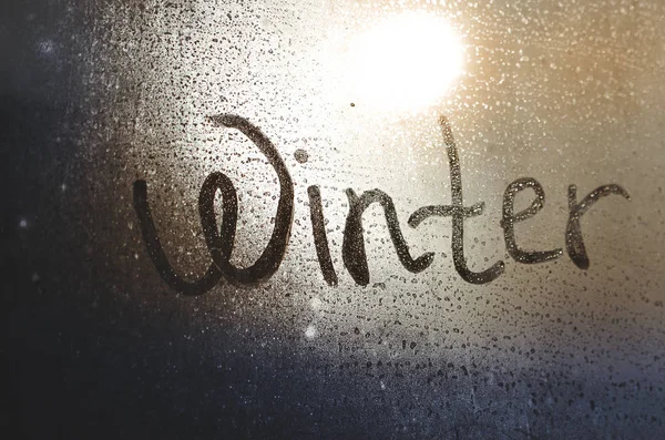 Inscription Frozen Winter Glass Winter Window — Stock Photo, Image