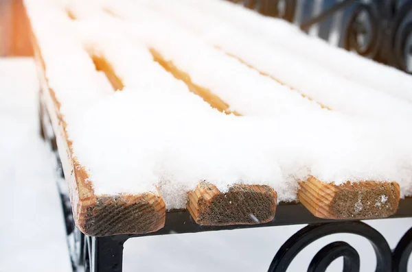 Wooden Bench Park Winter Covered Snow Snowfall — Stock Photo, Image