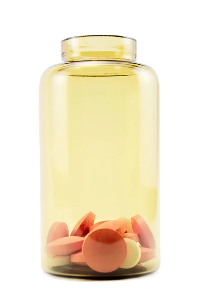 Желтая Стеклянная Бутылка Таблеток Таблетками Лекарствами Изолированы Белом Фоне — стоковое фото
