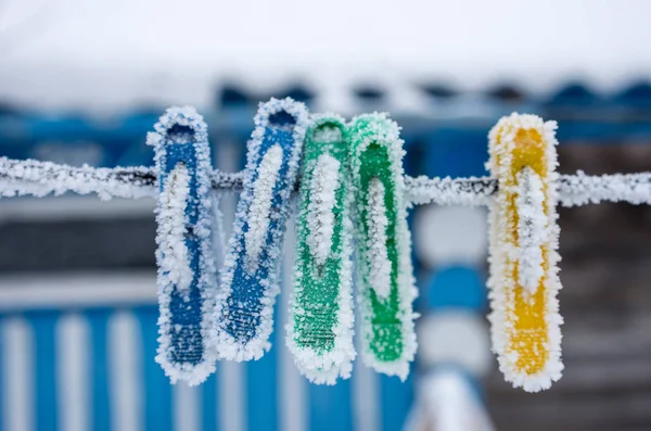 Frozen Clothes Pegs Street Cold Frosts Weather Forecast Cold Selective — Stock Photo, Image