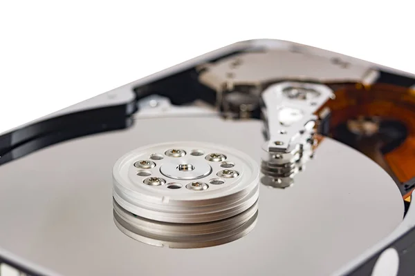 Demontovaný Pevný Disk Bílém Pozadí Hdd Pevný Disk Detail — Stock fotografie