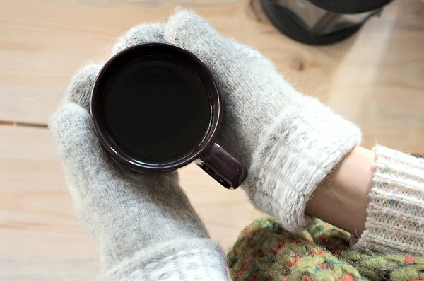 Mug Hot Drink Hands Young Girl Dressed Knitted Mittens Warm — Stock Photo, Image