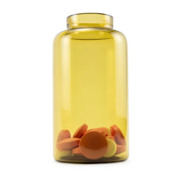 Yellow Glass Bottle Tablets Pills Drugs Isolated White Background — Stock Photo, Image