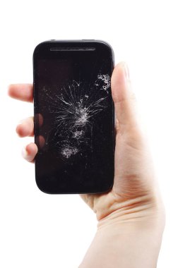kırılmış, beyaz arka plan üzerinde kaza telefon, akıllı telefon tamir, izole elinde telefon kırık pişman
