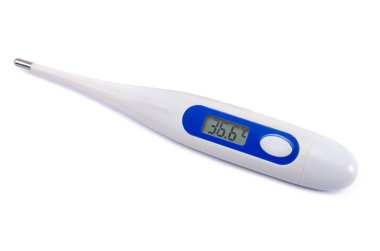 Beyaz arkaplanda izole edilmiş elektronik termometre, damla gölgesi olan vücut sıcaklığı ölçüm aracı