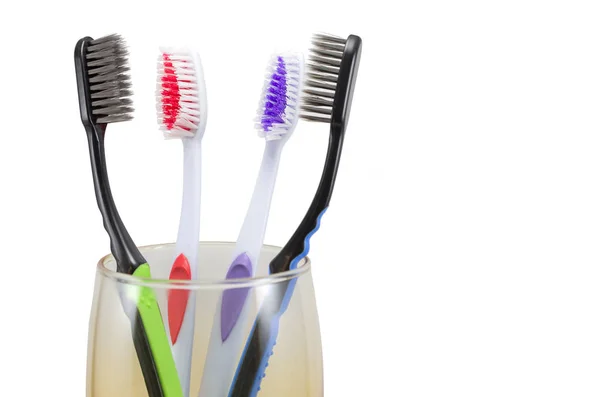 Multi Colored Toothbrushes Glass Isolated White Background Mock Copy Space — Stock Photo, Image