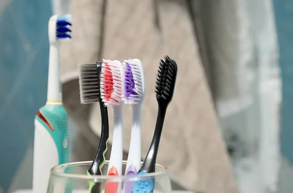 Multi Colored Toothbrushes Electric Toothbrush Bathroom — Stock Photo, Image