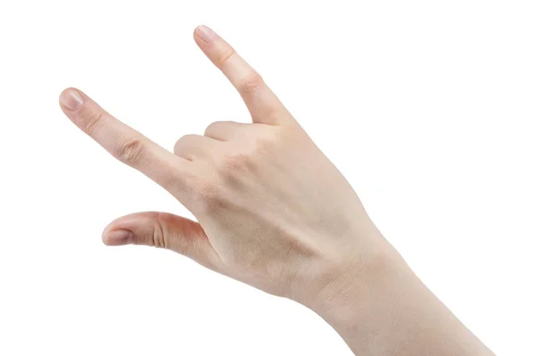 Hand Met Een Rock Roll Teken Rock Muziek Geïsoleerd Witte — Stockfoto