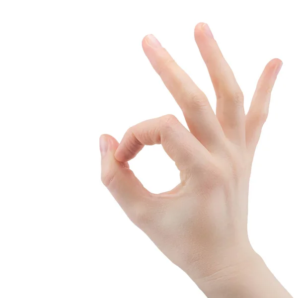 Female Hand Shows Sign All Good Okay Isolated White Background — Stock Photo, Image