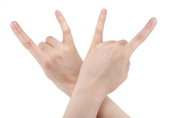 Kéz Egy Rock Roll Jel Rock Zene Elszigetelt Fehér Alapon — Stock Fotó