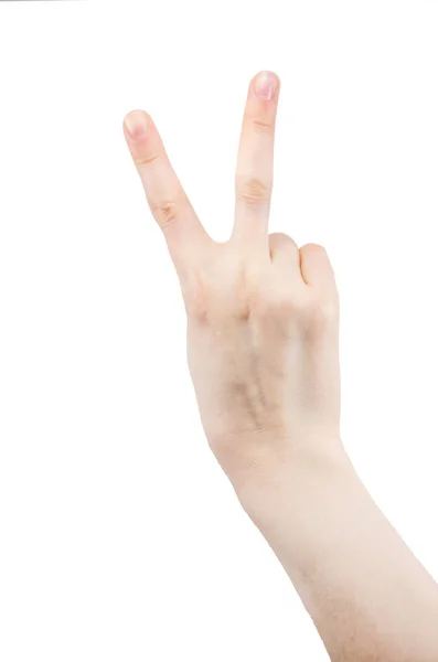 Female Hand Shows Sign Hello Greeting Peace Isolated White Background — 스톡 사진