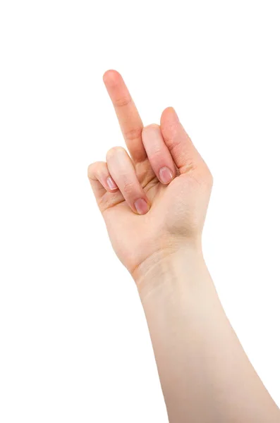 Kvinnlig Hand Visar Långfingret Isolerad Vit Bakgrund Tecken Misslyckande — Stockfoto