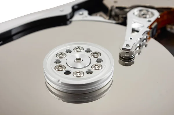 disassembled hard drive on white background, hdd, hard disk drive, close-up, head, object