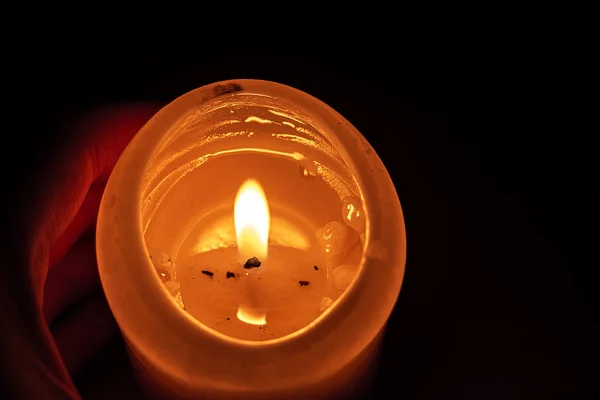 Flame Burning Candles Close Macro Dark Black Background — Stock Photo, Image