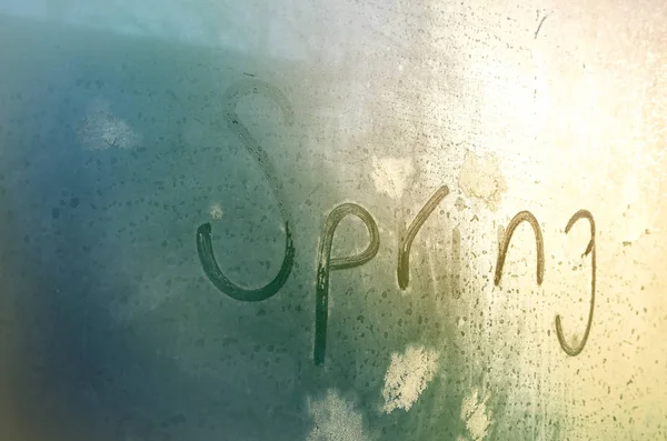 Inscription Frozen Window Spring Toned — Stock Photo, Image