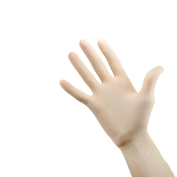 Hand Hand Chirurgische Handschoen Toont Vijf Palm Geïsoleerd Witte Achtergrond — Stockfoto