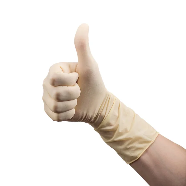 Hand Showing Sign Well Excellent Rise Thumb Sterile Latex Surgical — Stock Photo, Image