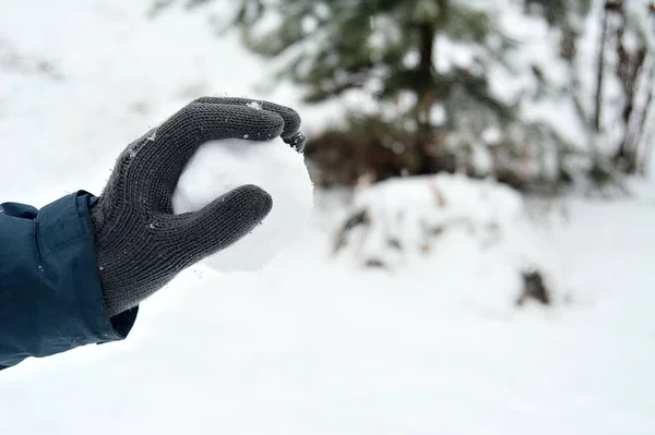 Gloved Hand Throws Snowball Snowfall Forest Play Snowball — Stock Photo, Image