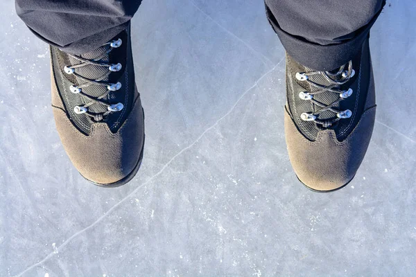 Feet Frozen Ice Frozen River Thick Ice Man Standing Ice — Stock Photo, Image