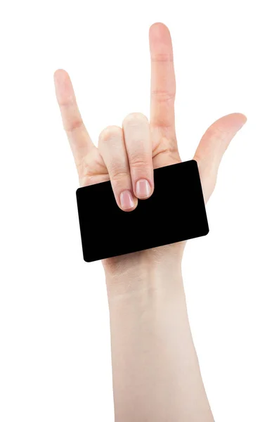Hand Med Rock Roll Tecken Med Tomt Kort Bankkort Isolerad — Stockfoto