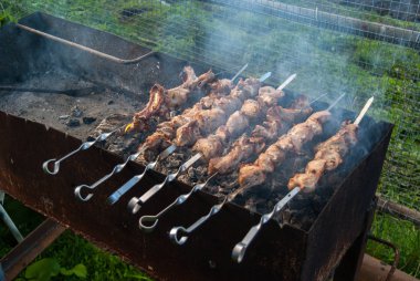 Şiş üstünde et ateşte ızgara, barbekü domuz eti dilimleri