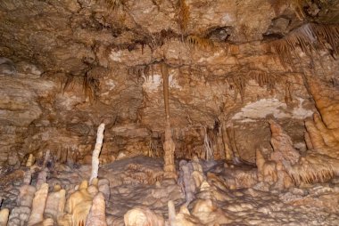 Değişik şekillerde sarkıt ve dikitlere sahip yeraltı mağarası, dalgalanış ve jeoloji