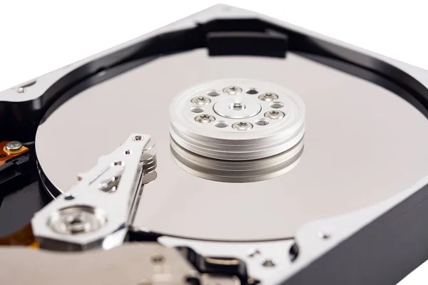 disassembled hard drive on white background, hdd, hard disk drive, close-up
