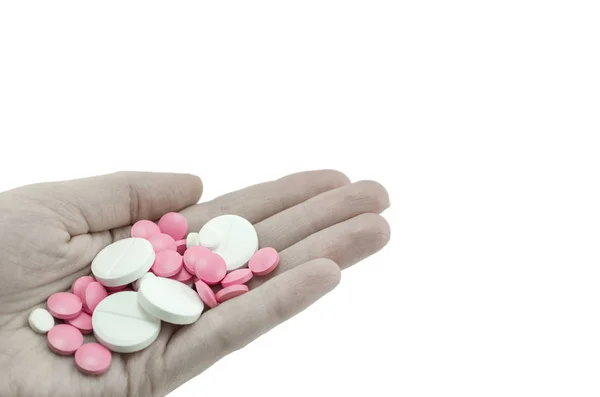 Multicolored Tablets Different Size Discolored Hand Top View Close Macro — Stock Photo, Image