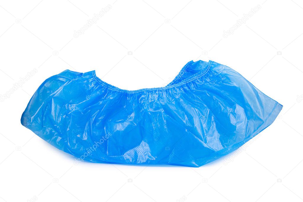 disposable blue shoe covers for hospital visits isolated on white background