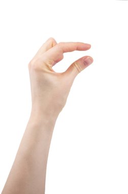 female hand showing sign little bit isolated on white background