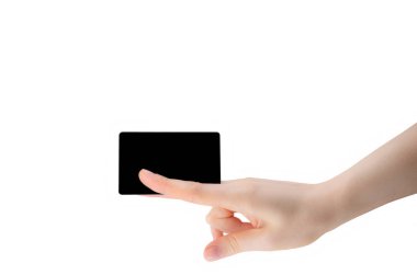 female hand holding card, business card, greeting, isolated on white background, Studio shot, mockup, copyspace