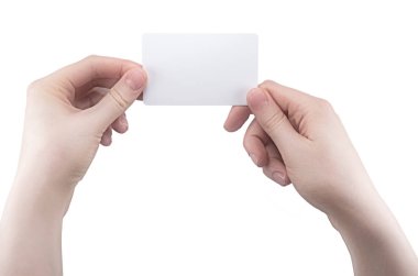 female hand holding card, business card, greeting, isolated on white background, Studio shot, mockup, copyspace