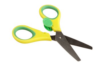 bright stationery paper cutting scissors with snap isolated on white background close up