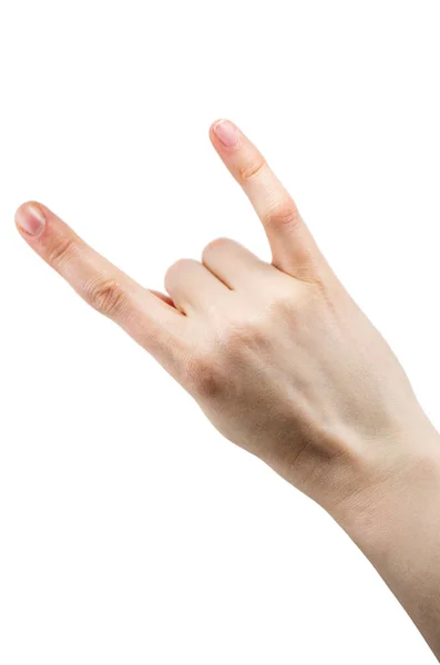 Hand Met Een Rock Roll Teken Rock Muziek Geïsoleerd Witte — Stockfoto