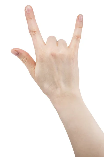 Hand Med Rock Roll Tecken Rock Musik Isolerad Vit Bakgrund — Stockfoto