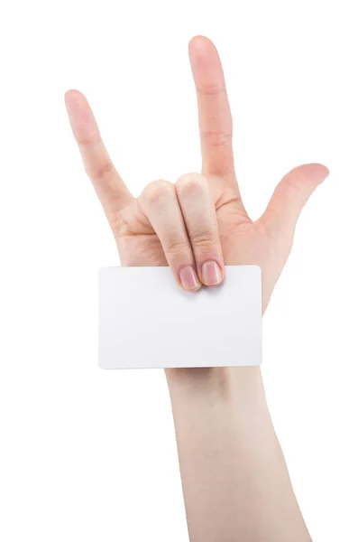 Ręka Rock Roll Znak Trzymając Puste Karty Karta Bankowa Izolowane — Zdjęcie stockowe