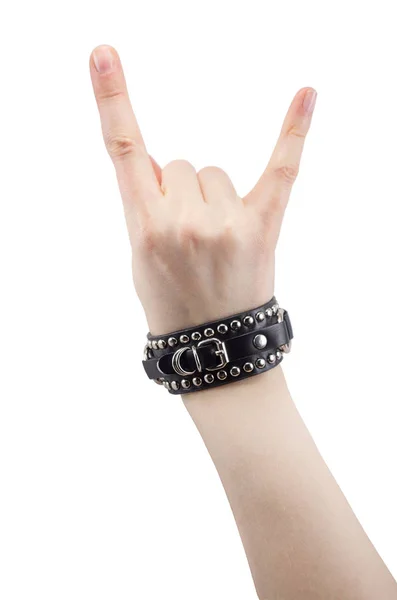 Mano Con Brazalete Cuero Rocker Con Signo Rock Roll Música — Foto de Stock