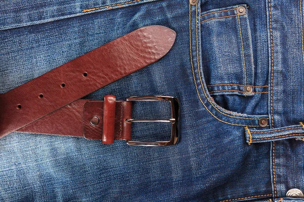 Men Leather Trouser Belt Background Denim Men Closet Jeans — 스톡 사진