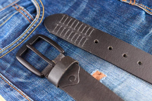 Men Leather Trouser Belt Background Denim Men Closet Jeans — Stock Photo, Image