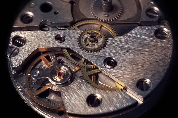 Vintage Old Mechanism Gears Springs Clock Mechanism Close Macro — Stok fotoğraf