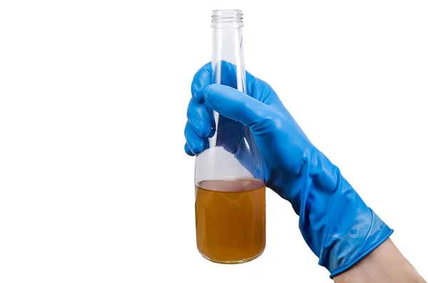 Dirty Contaminated Infectious Water Bottle Hand Rubber Glove Isolated White — Stock Photo, Image