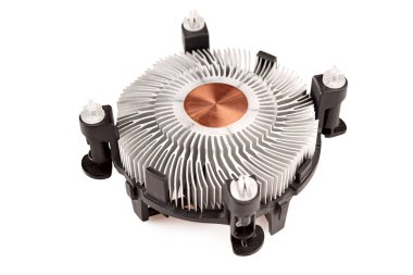radiator with fan for cooling the computer processor in the system unit, cooler with aluminum radiator and copper core, isolated on white background