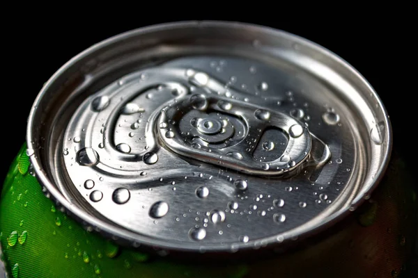 Aluminum Soda Beer Beverage Can Water Droplets Isolated Dark Background — Stock Photo, Image