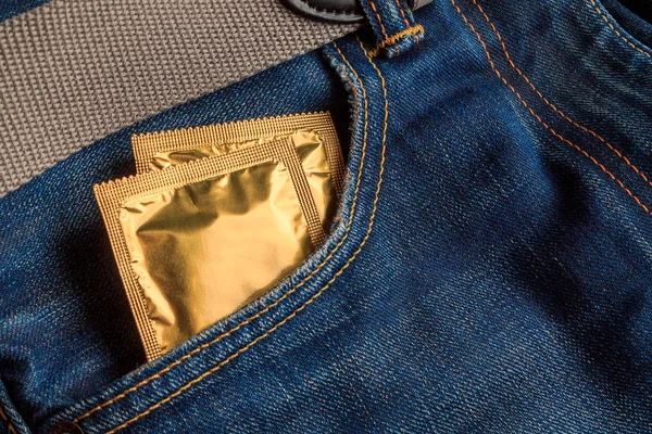 Condoms Packaged Jeans Pocket Concept Contraception Prevention Sexually Transmitted Diseases — 스톡 사진