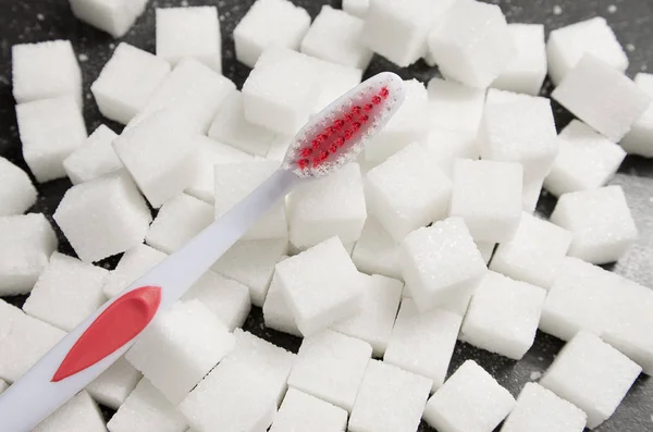 Escova Dentes Fundo Dos Cubos Açúcar Açúcar Refinado Prevenção Cárie — Fotografia de Stock
