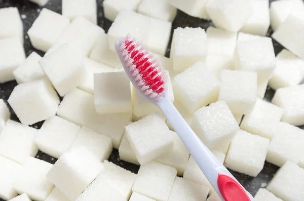 Escova Dentes Fundo Dos Cubos Açúcar Açúcar Refinado Prevenção Cárie — Fotografia de Stock