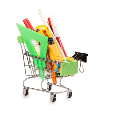 shopping cart with office school tools, the concept of education and office working