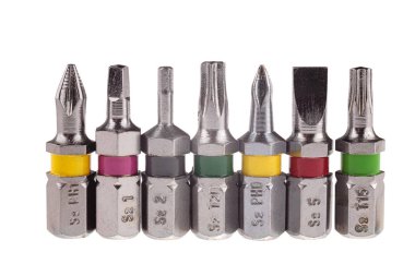 tornavida parçaları seti, makro, yakın çekim, seçici odak, tornavida başları beyaz arkaplanda izole