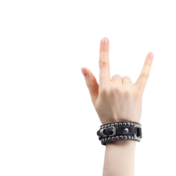 Mano Con Brazalete Cuero Rocker Con Signo Rock Roll Música — Foto de Stock