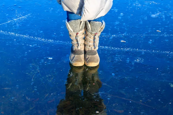 Feet Frozen Ice Frozen River Thick Ice Woman Standing Ice — Stock Photo, Image